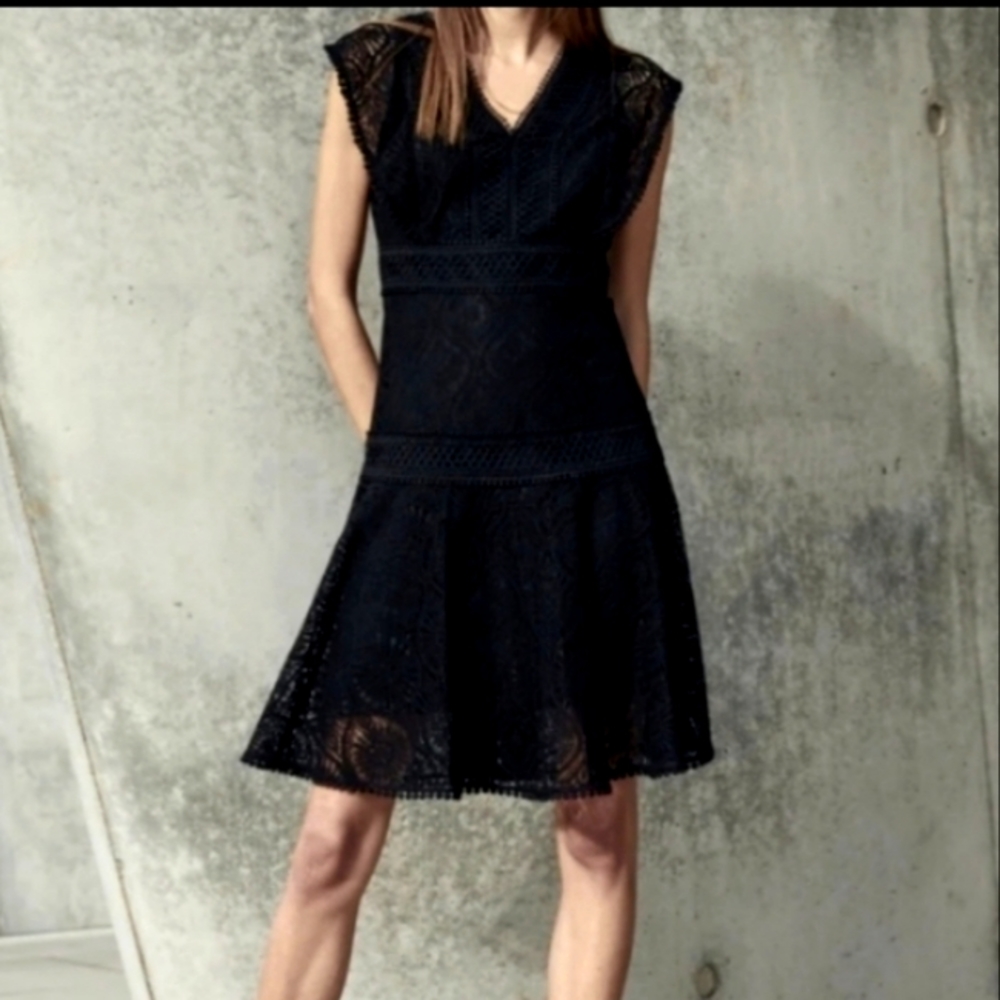 CapSleeve V-back EmpireWaist Woven Floral Lace Midi SheathDress Black Nanette